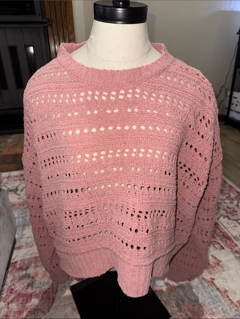 Women's Open-Knit Crewneck Sweater - Dusty Pink